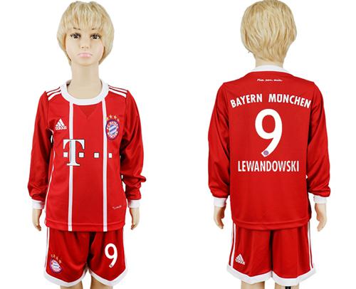 Bayern Munchen #9 Lewandowski Home Long Sleeves Kid Soccer Club Jersey - Click Image to Close